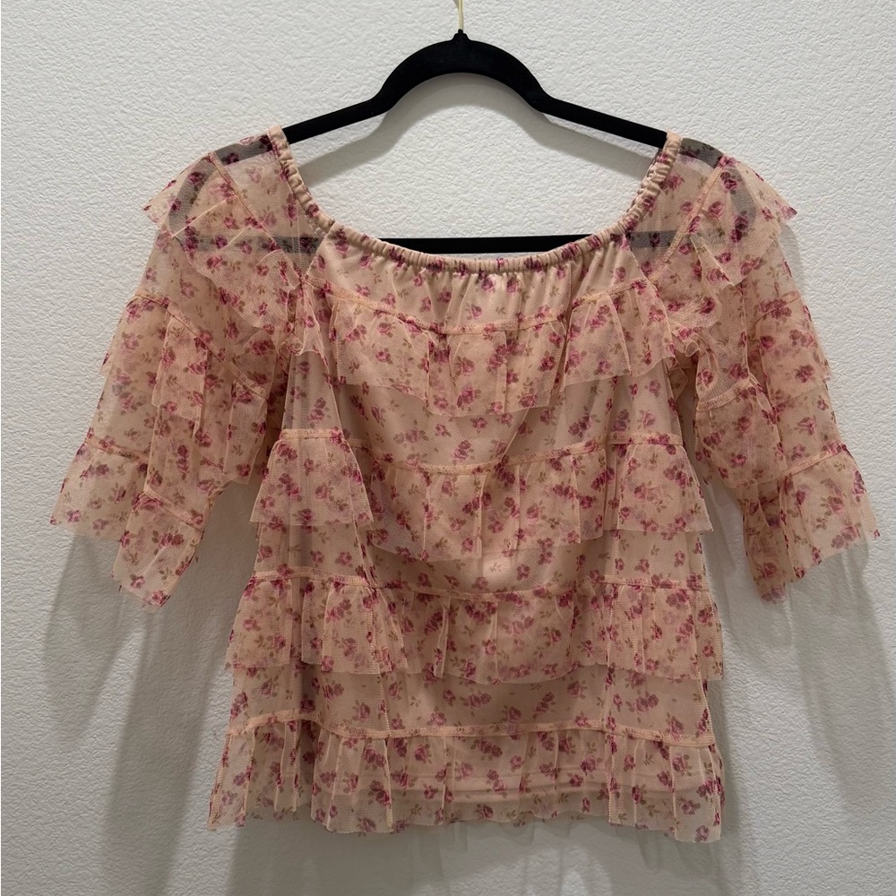 Express Pink Floral Off-Shoulder Ruffle Blouse - Picture 3 of 5